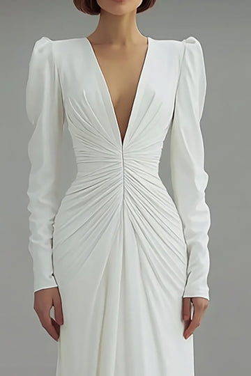 Sheath V-Neck Ruched Ivory Engagement Dress With Long Sleeves